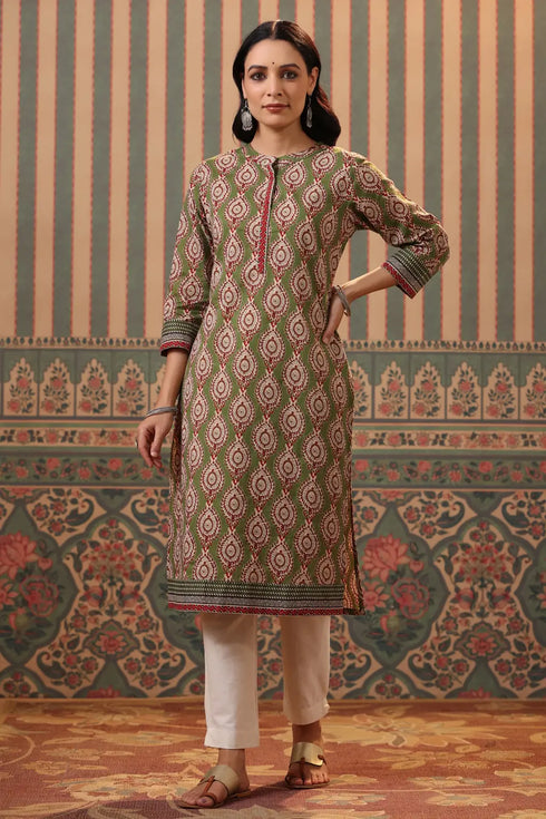 Women Green Ethnic Motifs Printed Cotton Straight Kurta